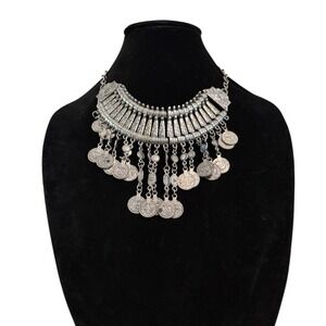 Bohemian Tribal Style Statement Bib Necklace Silver Tone Arabic Coin Accents